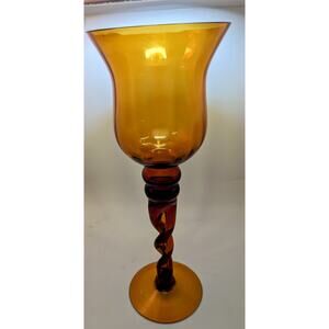 Vintage Amber Italian Empoli Glass Pedestal Hurricane Candle Holder Brown